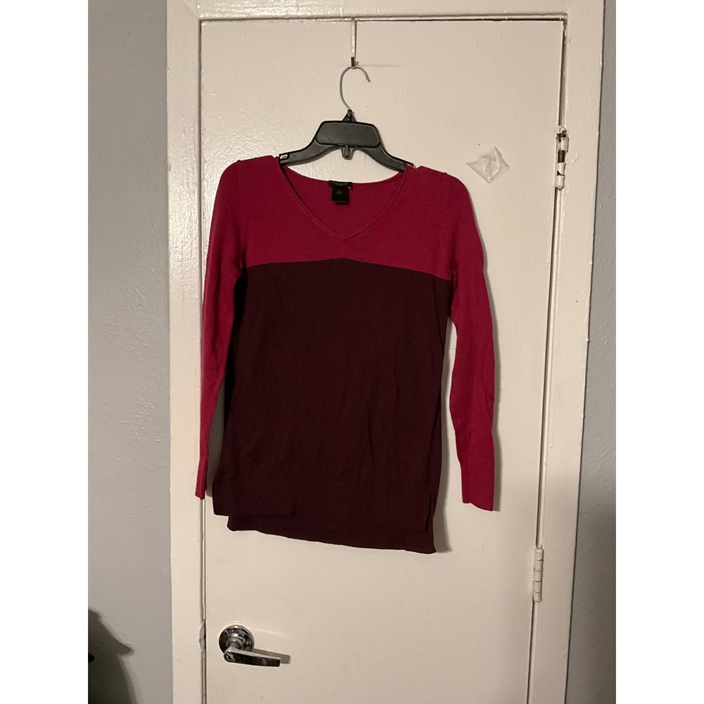 Ann Taylor Womens Colorblock V-Neck Sweater Magenta Burgundy Size L